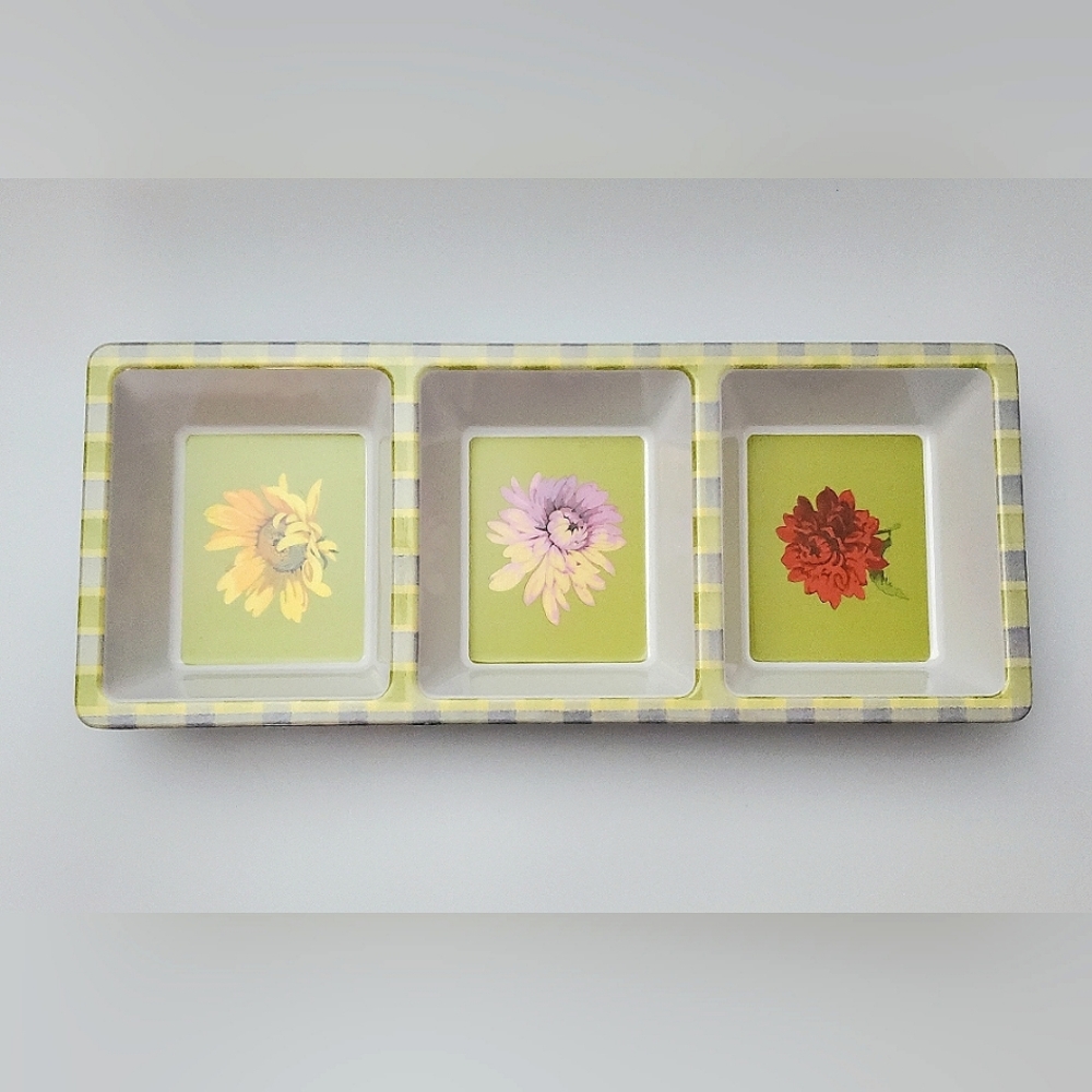 15" x 6" x 2" 3-Part Yellow Gray Green & Floral Plastic Dish by Zak Designs